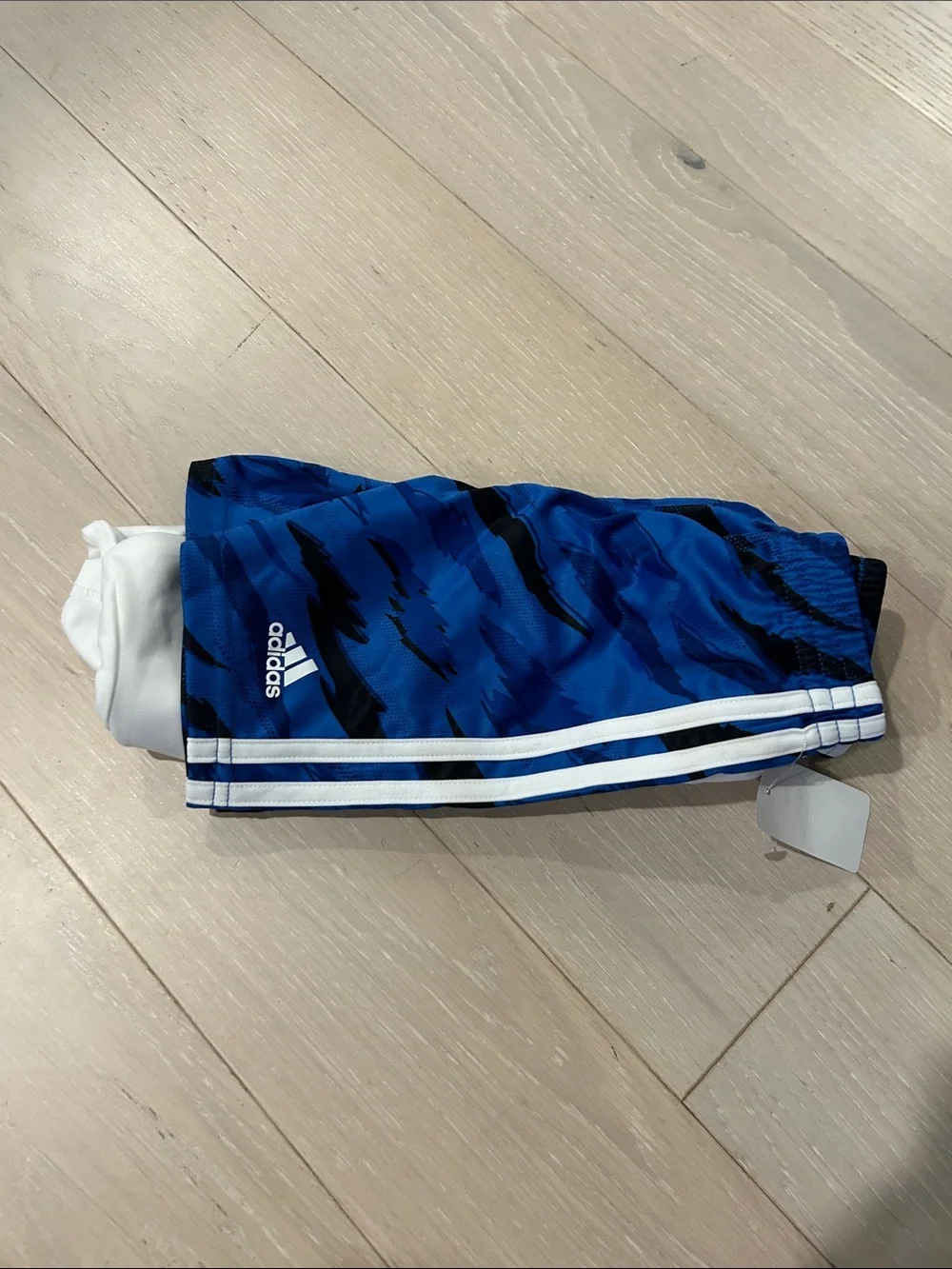 adidas White Tee with Blue Camo Logo and Blue Shorts
